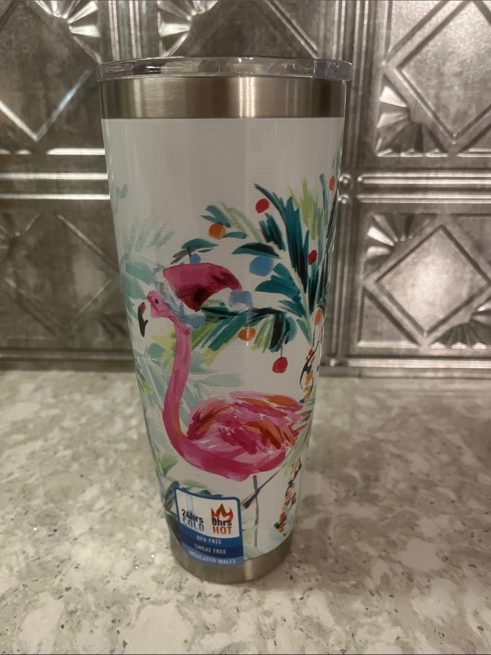 Insulated Pink Flamingo Travel Tumbler — White & Pink